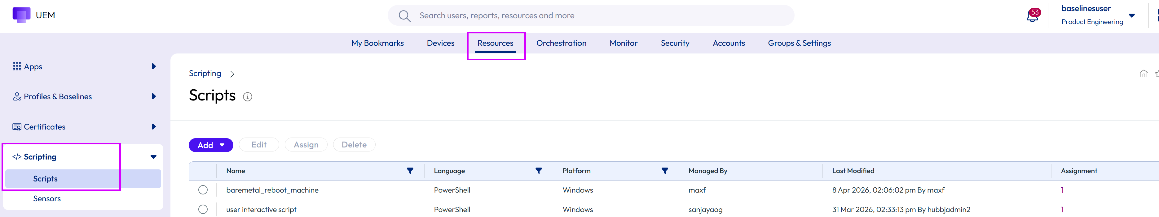 Shows the Scripts under Resources in the UEM console. Shows the Scripts under Resources in the UEM console.