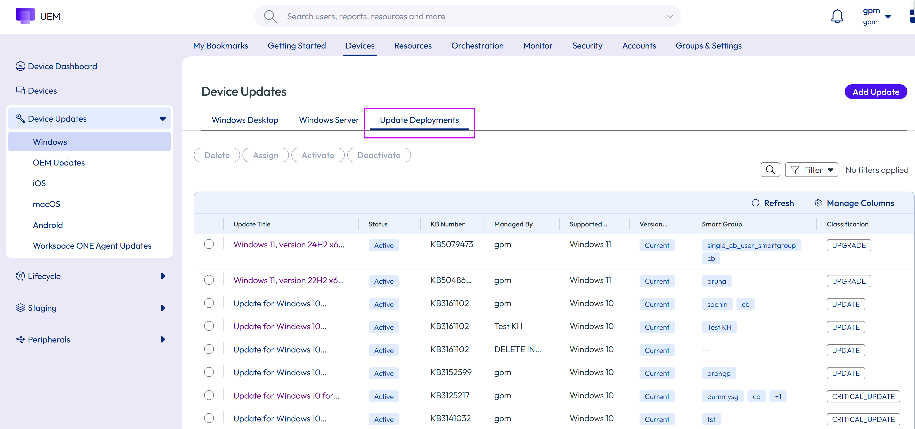 Windows Updates Deployment tab