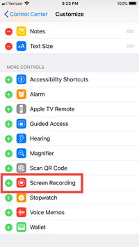 The iOS device screen shows the Screen Recording setting. The iOS device screen shows the Screen Recording setting.