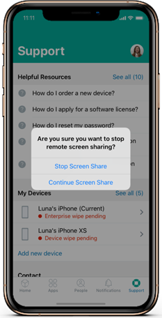 When the user chooses to stop screen share, the iOS device screen shows the prompt to stop or continue the screen share. When the user chooses to stop screen share, the iOS device screen shows the prompt to stop or continue the screen share.
