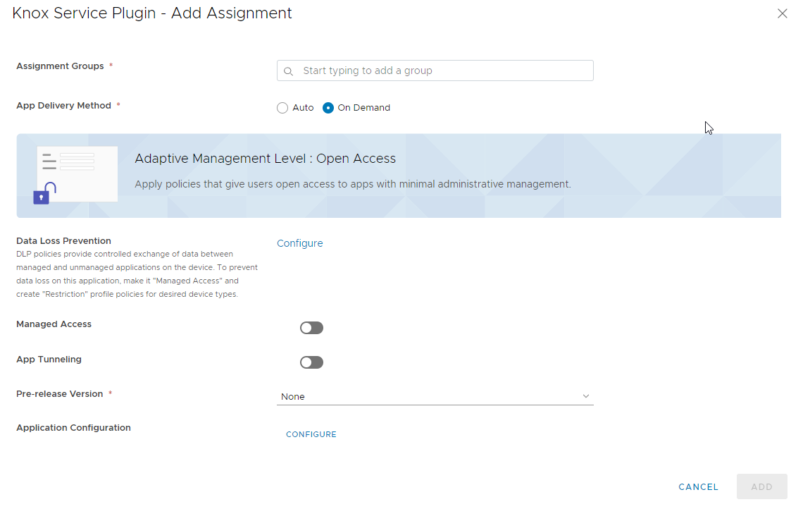 Auto and On Demand delivery methods are shown on the Add Assignment page of the UEM console.