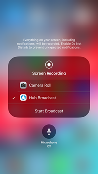 The iOS device screen shows the Start Broadcast option. The iOS device screen shows the Start Broadcast option.