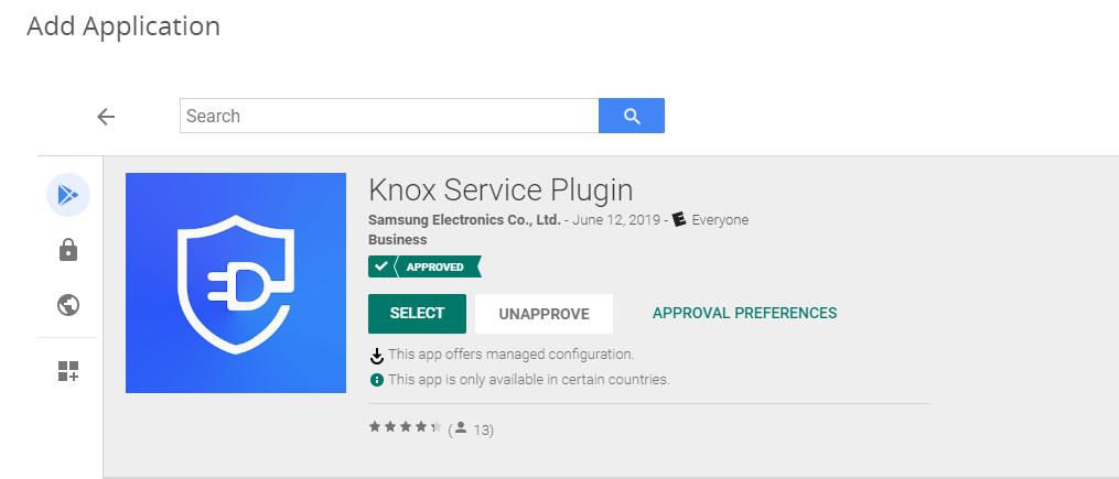 Select button displayed for the Knox Service Plugin app.