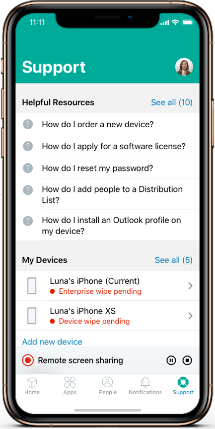 The iOS device screen shows the options to either pause or stop the screen share.