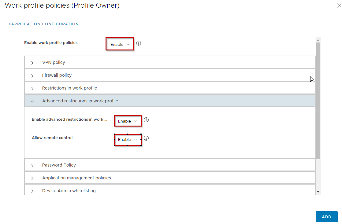 Work profile polices and the advanced work profile restrictions are shown.