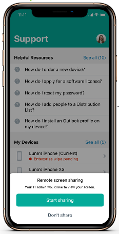 The iOS device screen showing the notification to start sharing the screen.