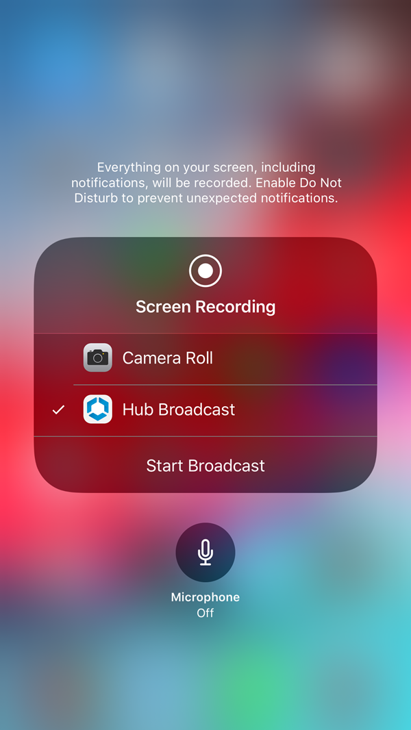 The iOS device screen shows the Start Broadcast option.