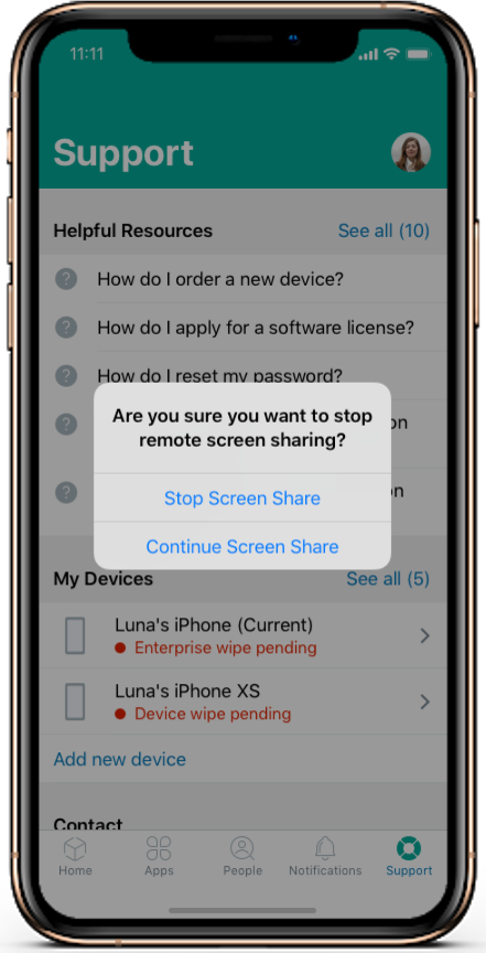 When the user chooses to stop screen share, the iOS device screen shows the prompt to stop or continue the screen share.