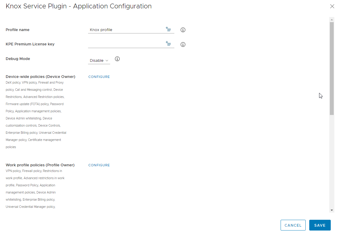 The fields for application configuration details such as Profile name, Knox Premium License key are shown.