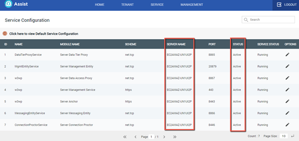 The Admin Web Portal shows the Server Names and Status of the services.