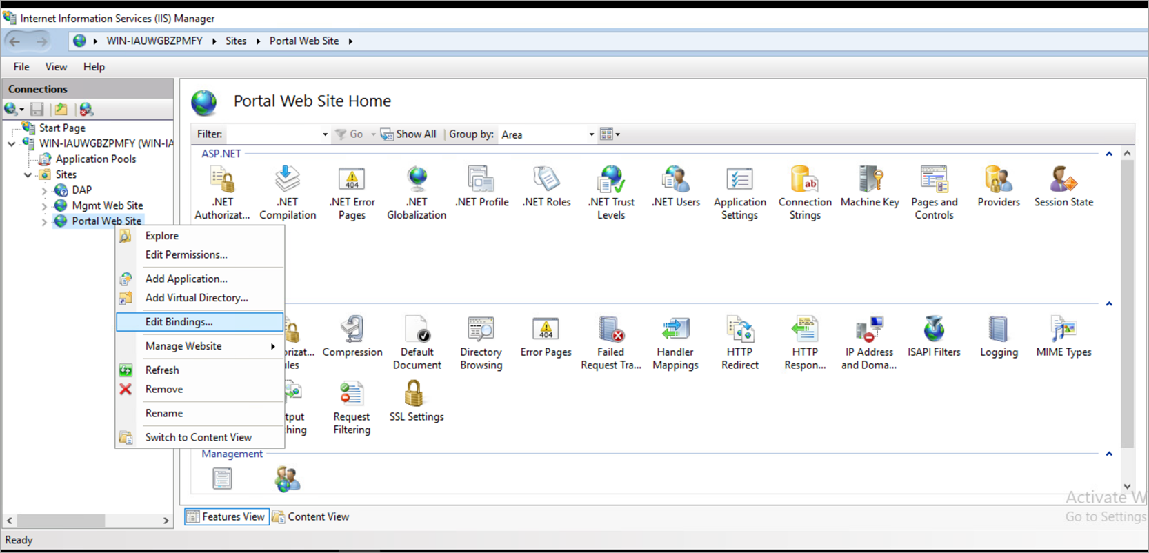 Navigation path from the Connection pane to the Site Binding screen is displayed.
