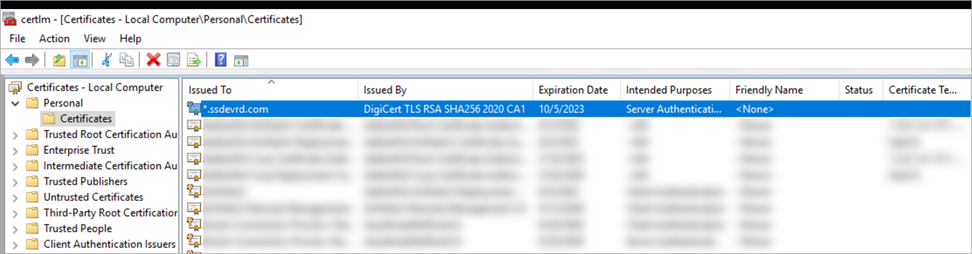 Navigation path to the SSL certificate installed on the Assist server is displayed.