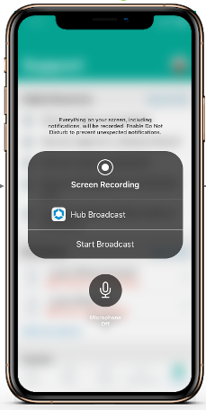 The iOS device screen showing the Start Broadcast option.