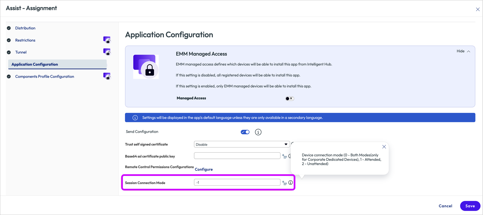 The Session Connection Mode field in the Application Configuration page while creating an assignment for Assist in highlighted.