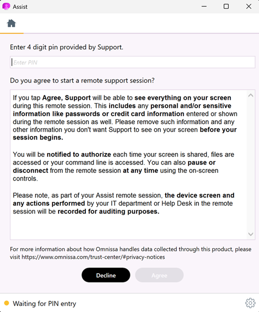 Privacy notice displayed on the attended mode agent.