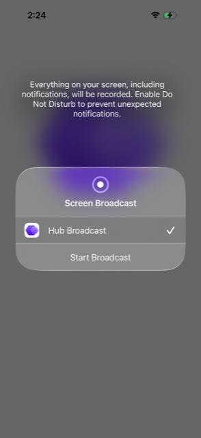 The iOS device screen shows the Start Broadcast option. The iOS device screen shows the Start Broadcast option.