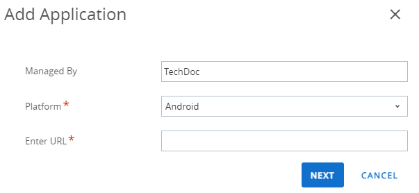 This screenshot shows the Add Application screen, prepopulated with the Android platform and Tunnel search parameters.