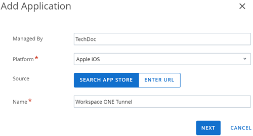 This screenshot shows the Add Application screen, prepopulated with the iOS platform and Tunnel search parameters.