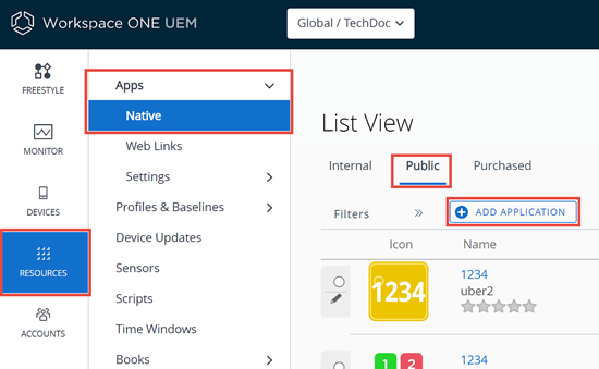 This screenshot shows the Public tab of the Resources, Add Native apps in UEM
