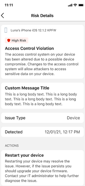 This screenshot shows the custom Alert device message that the end user sees when their device is protected from an attack.