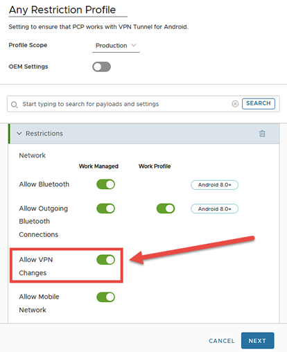 This screenshot shows the Restrictions payload with the Allow VPN Changes slider highlighted.