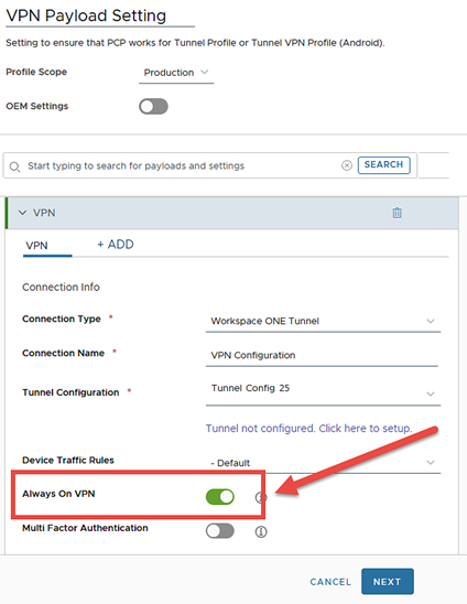This screenshot shows the VPN payload with the Always On VPN slider highlighted.