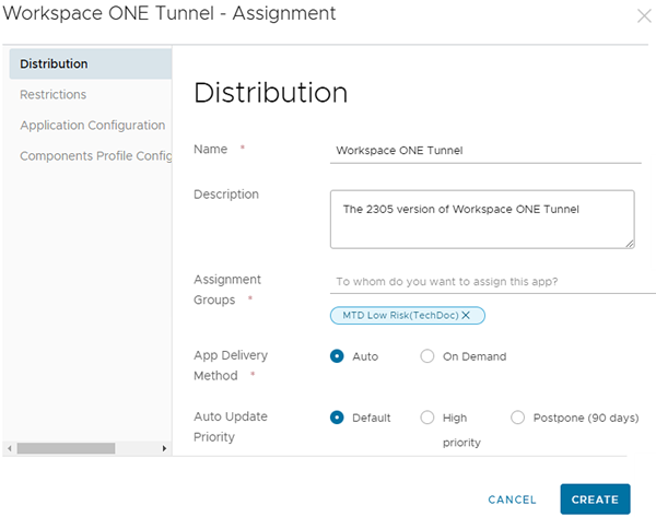 This screenshot shows the Distribution tab of the App Assignment screen.