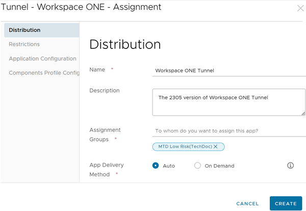 This screenshot shows the Distribution tab of the App Assignment screen.