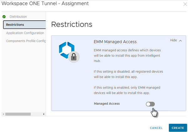 This screenshot shows the Restrictions tab of the App Assignment screen.