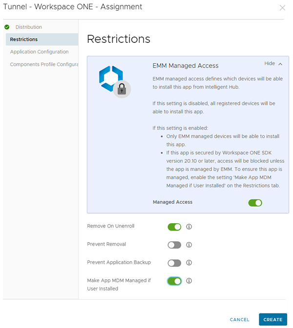 This screenshot shows the Restrictions tab of the App Assignment screen.