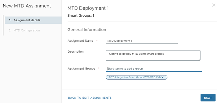 This partial screenshot shows the new MTD assignment screen with a filled out Assignment details tab