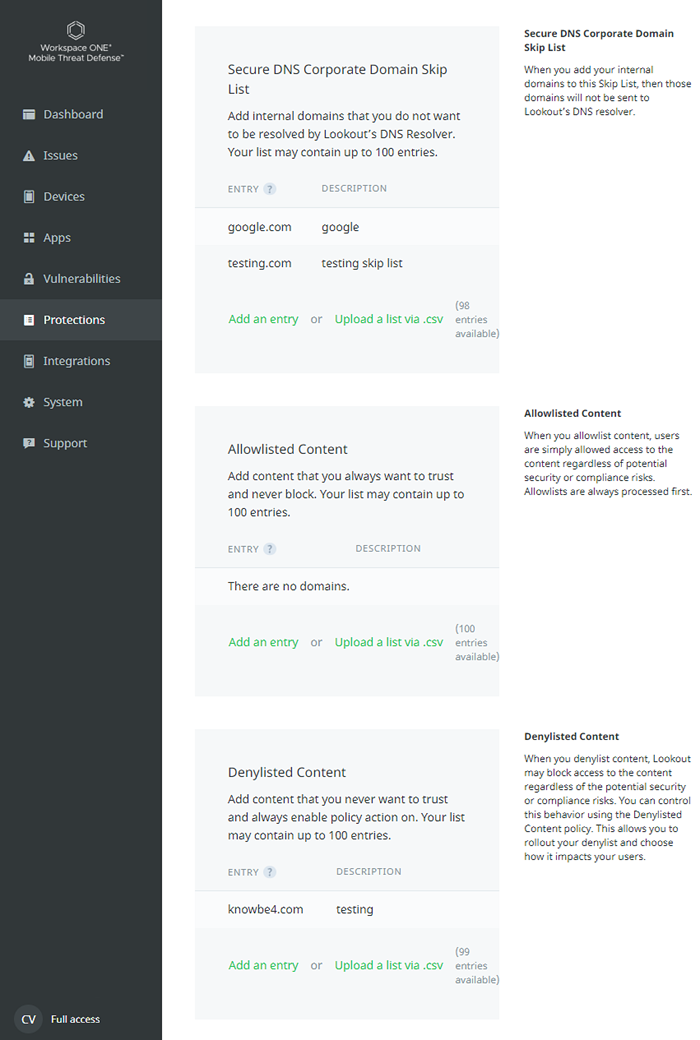 This screenshot shows the three sections under the main PCP config screen, DNS Corporate, Allowlist, and Denylist.