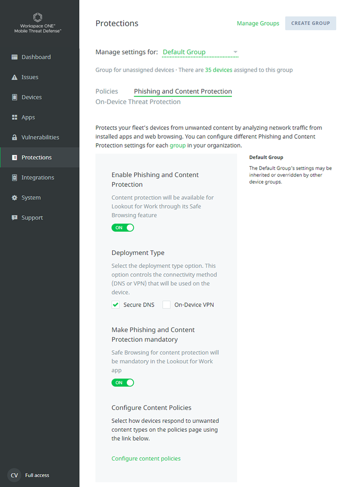 This screenshot shows the recommended settings for use with phishing and content protection in the Protections menu of the MTD console