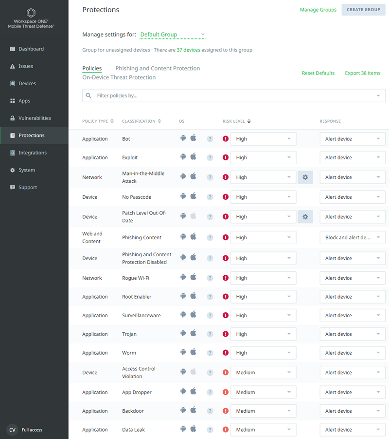 This screenshot shows the policies list for the Protections menu item.