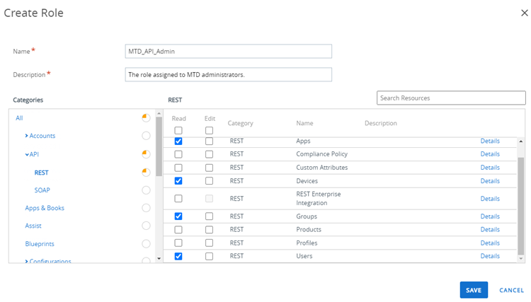 this screenshot shows the Create Role screen with all the REST API permissions selected for the Mobile Threat Defense admin role.
