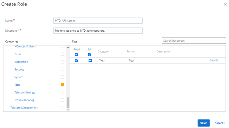 this screenshot shows the Create Role screen with the tags permission selected for the Mobile Threat Defense admin role.