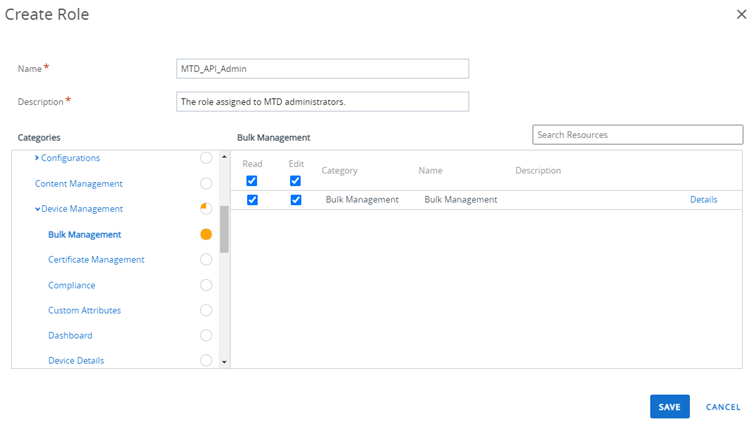 this screenshot shows the Create Role screen with the bulk management permission selected for the Mobile Threat Defense admin role.