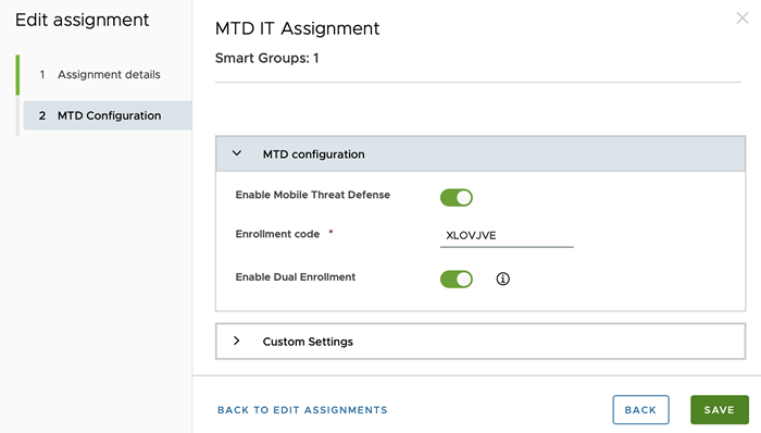 This partial screenshot shows the new MTD assignment screen with a filled out MTD Configuration tab