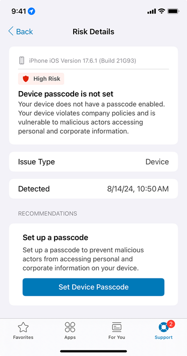 This screenshot shows a No Device Passcode violation in the Workspace ONE Intelligent Hub app including the Set Device Passcode button. This screenshot shows a No Device Passcode violation in the Workspace ONE Intelligent Hub app including the Set Device Passcode button.