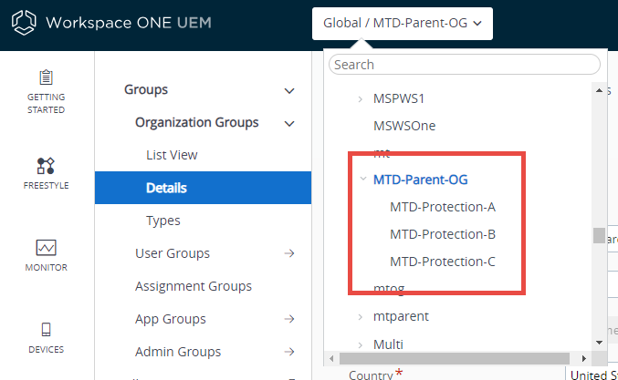 This screenshot shows a sample OG hierarchy for the purpose of configuring multiple policy groups for multiple OGs. This screenshot shows a sample OG hierarchy for the purpose of configuring multiple policy groups for multiple OGs.
