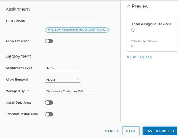 This screenshot shows the modal for an Android device profile after it has been configured with the OG and smart group from the risk response example.