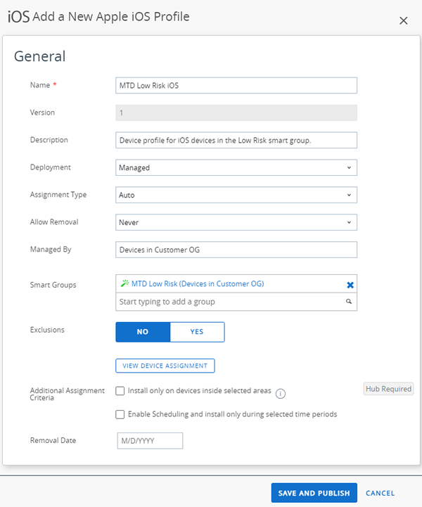 This screenshot shows the modal for an iOS device profile after it has been configured with the OG and smart group from the risk response example.
