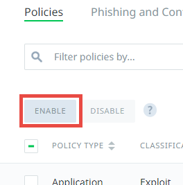 This screenshot shows the Enable button for the Policies listing.