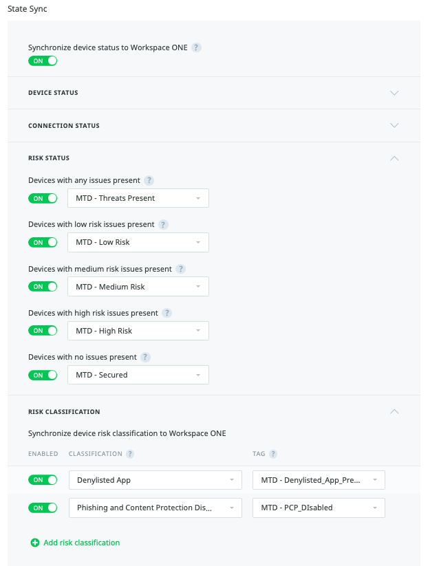 This screenshot shows the State Sync section of the MTD Console where you can configure all the risks and their corresponding UEM tags.