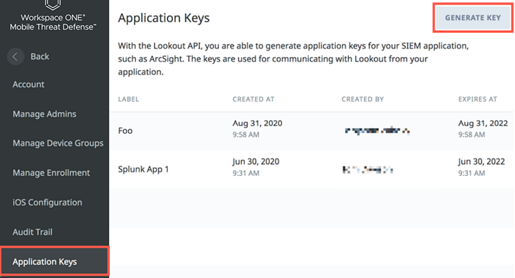This screenshot shows the System, Application Keys screen in the MTD console.