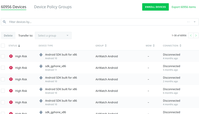This screenshot shows the devices module This screenshot shows the devices module