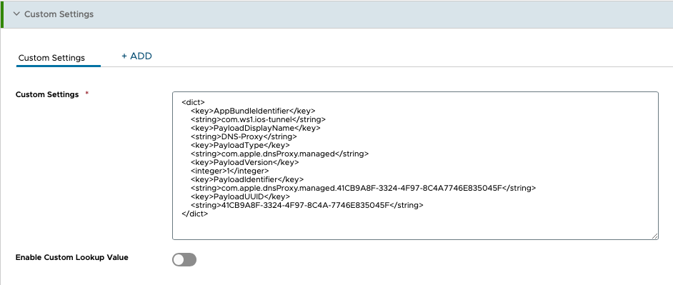This screenshot shows the Custom Settings text box with the correct XML code needed to use the PCP option in Mobile Threat Defense