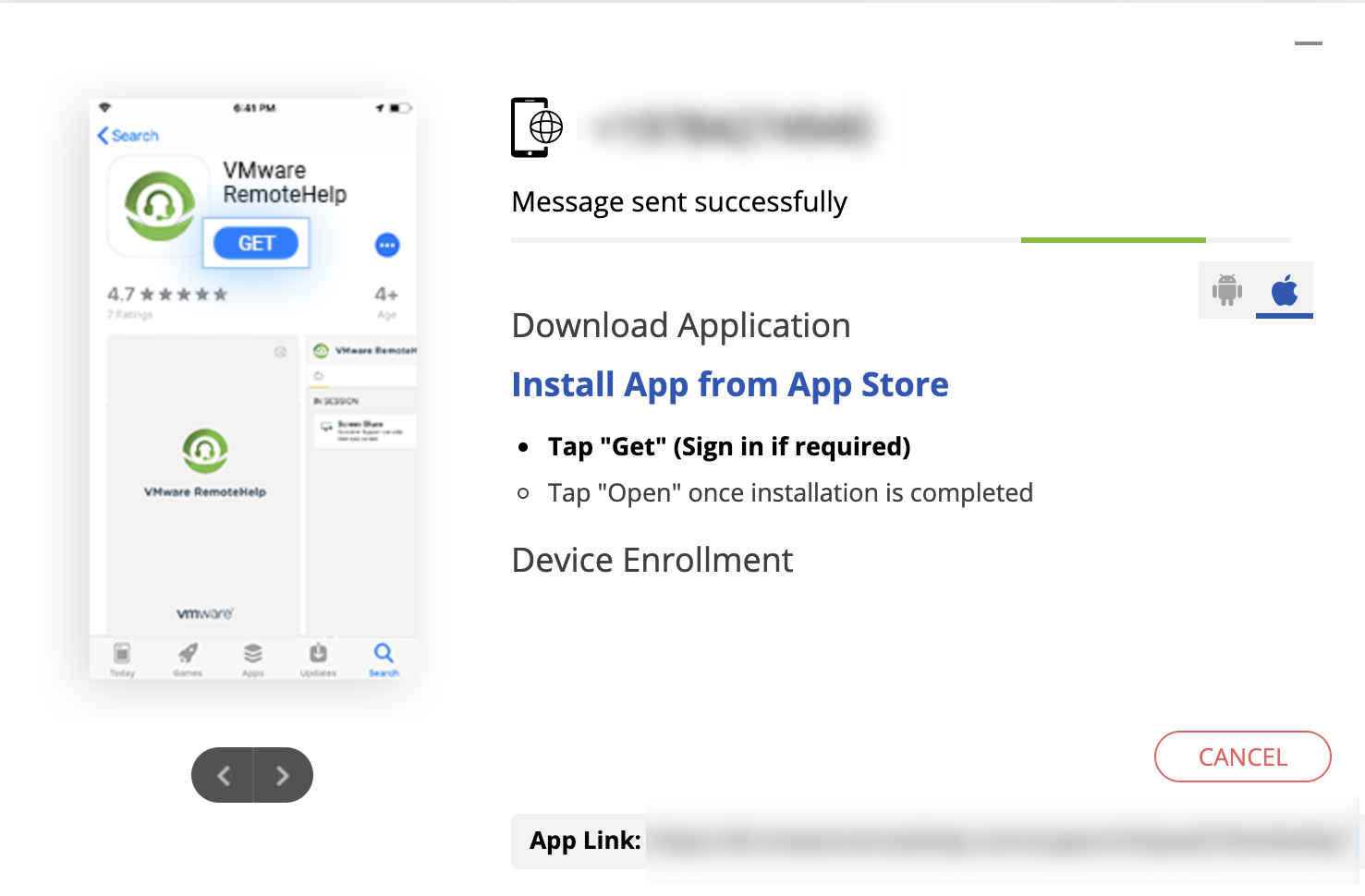 This screenshot shows the next step to connect to an iOS device, prompting the end user to install the downloaded RemoteHelp app. This screenshot shows the next step to connect to an iOS device, prompting the end user to install the downloaded RemoteHelp app.
