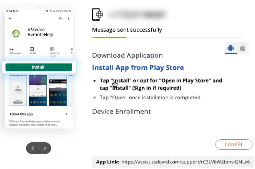 This screenshot shows the next step to connect to an Android device, prompting the end user to install the downloaded RemoteHelp app. This screenshot shows the next step to connect to an Android device, prompting the end user to install the downloaded RemoteHelp app.