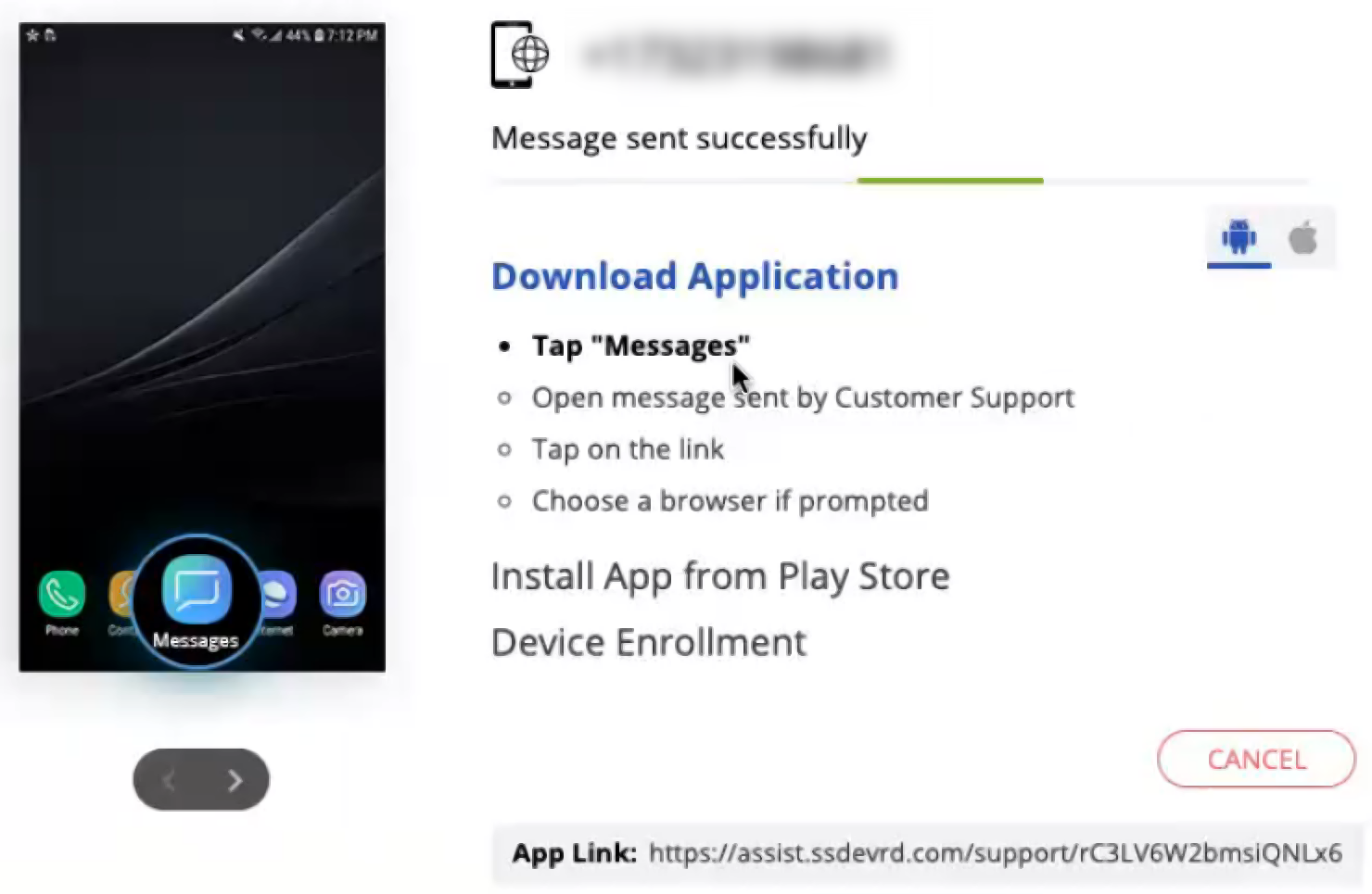 This screenshot shows the RemoteHelp console tab directly after you initiate a connection to an Android device, where it prompts the end user to download the RemoteHelp app. This screenshot shows the RemoteHelp console tab directly after you initiate a connection to an Android device, where it prompts the end user to download the RemoteHelp app.